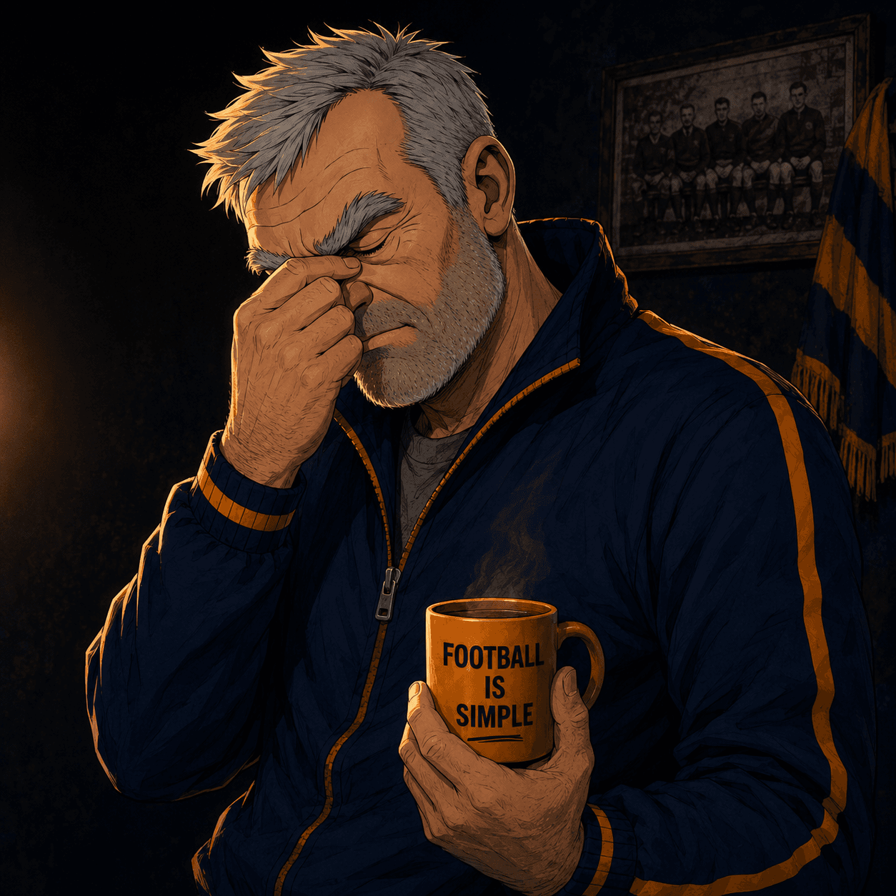 The Gaffer, a grey-haired football coach with a weathered face, arms folded in his tactics room surrounded by trophies and a whiteboard